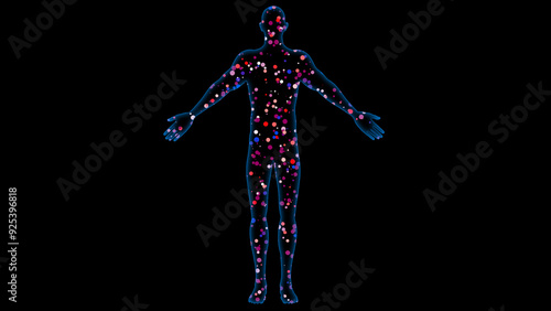 Human body filled with particles. Ultrafine Particles inside human body. Outline of human form with colorful dots inside. 3d illustration render.