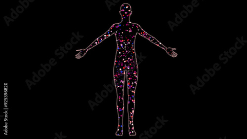 Human body filled with particles. Ultrafine Particles inside human body. Outline of human form with colorful dots inside. 3d illustration render.