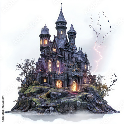 Gothic castle perched on a misty hill with glowing windows and lightning, creating a mysterious and eerie atmosphere