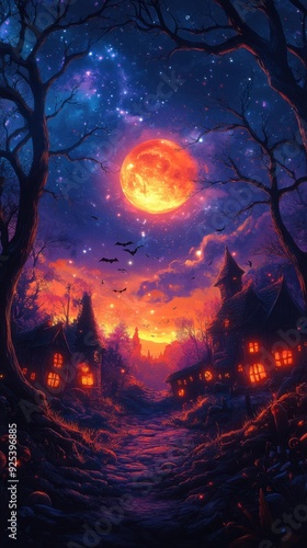 Mystical Halloween Night: Enchanted Village under a Full Moon with Bats and Haunted Houses photo