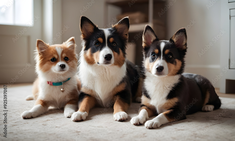 Three dogs lying on carpet are looking attentively Three dogs lying on carpet are looking attentively