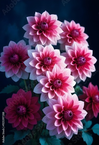 Colorful dahlia flowers blooming against a dark blue background