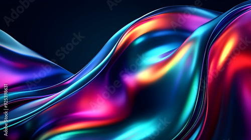 A vibrant, flowing abstract design with colorful waves and reflections.