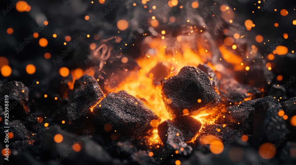 Burning Embers with Sparks - Closeup of a Fiery Coal Fire - A closeup