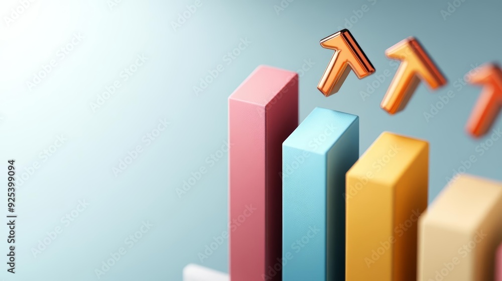 Sales data analysis, vibrant bar charts and growth arrows, 3D illustration Sales data analysis, vibrant bar charts and growth arrows, 3D illustration