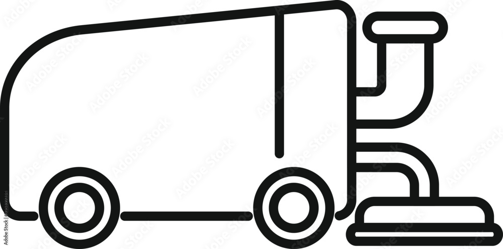 Simple illustration of a street cleaning machine cleaning the road from side view in a linear style Simple illustration of a street cleaning machine cleaning the road from side view in a linear style