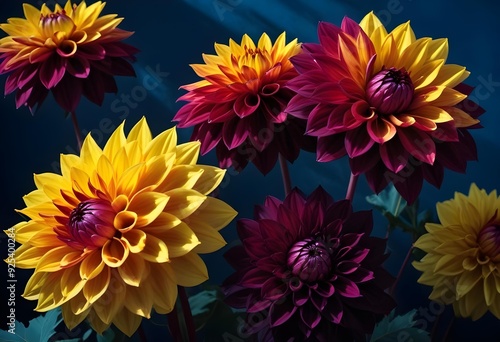 Wallpaper Mural Colorful dahlia flowers blooming against a dark blue background Torontodigital.ca