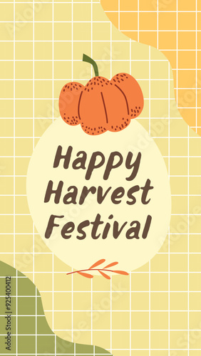 Happy harvest festival. Pumpkin on grid background. Stories Template for Social Media. Autumn Season Design.