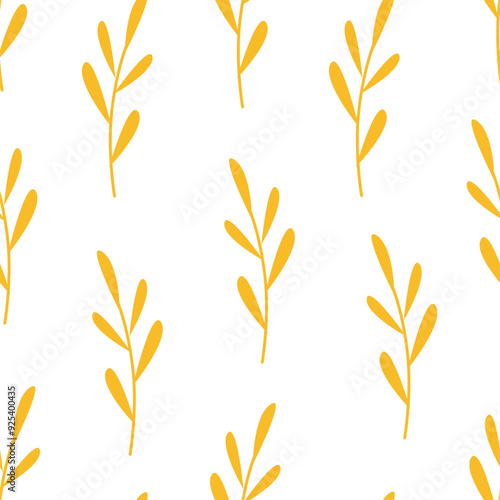 Autumn Leaves Minimalist Seamless Pattern. Yellow Branches on White Background.