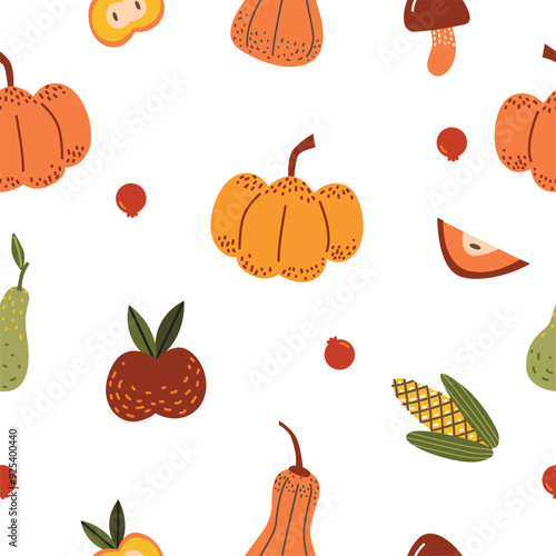 Seamless pattern of pumpkins and fall vegetables. Autumn harvest elements on white background.