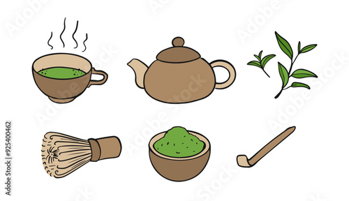 Matcha tea. Hand drawn set of powder, tea leaves, teapot, spoon, traditional cup, whisk. Tools for Japanese tea ceremony.