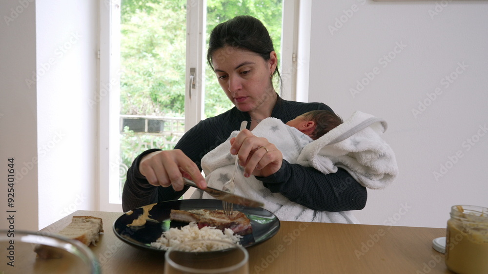 Mother holding newborn baby while eating a meal. balancing caregiving and personal needs, highlighting the multitasking nature of early motherhood Mother holding newborn baby while eating a meal. balancing caregiving and personal needs, highlighting the multitasking nature of early motherhood