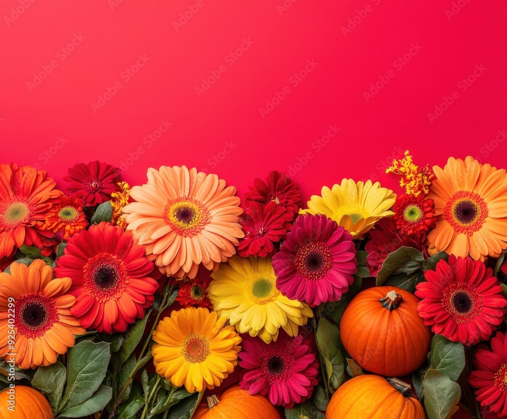 Fototapeta premium Autumn flowers and pumpkins in vibrant colors with space for text
