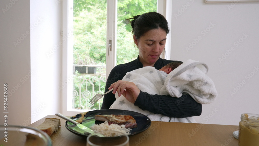 Mother holding newborn baby while eating a meal. balancing caregiving and personal needs, highlighting the multitasking nature of early motherhood Mother holding newborn baby while eating a meal. balancing caregiving and personal needs, highlighting the multitasking nature of early motherhood