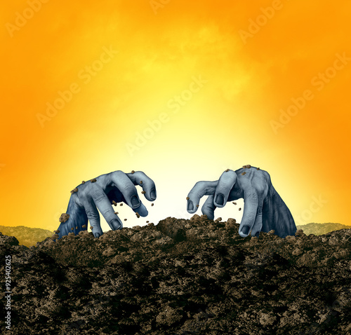 Foto Halloween Monster Background as a Creepy Corps Crawling Out Of A Grave in a spooky cemetery as a zombie ghostly creature emerging out of a crypt as an undead on an orange background