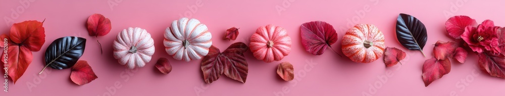 Autumn flowers and pumpkins in warm colors with ample copy space Autumn flowers and pumpkins in warm colors with ample copy space