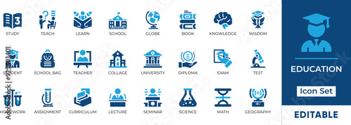 Education Icon Set featuring essential elements like study, teach, learn, school, and more. Perfect for educational websites, presentations, and mobile apps.