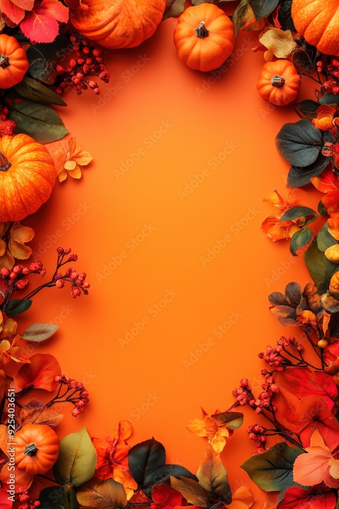 Autumn display of colorful flowers and pumpkins with ample copy space Autumn display of colorful flowers and pumpkins with ample copy space