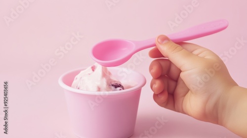 Child's Hand Holding Spoon with Yogurt in Pink Cup 