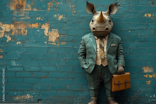 surreal anthropomorphic rhino businessman dapper suit briefcase urban backdrop photorealistic animal features absurdist concept corporate satire sharp contrasts photo