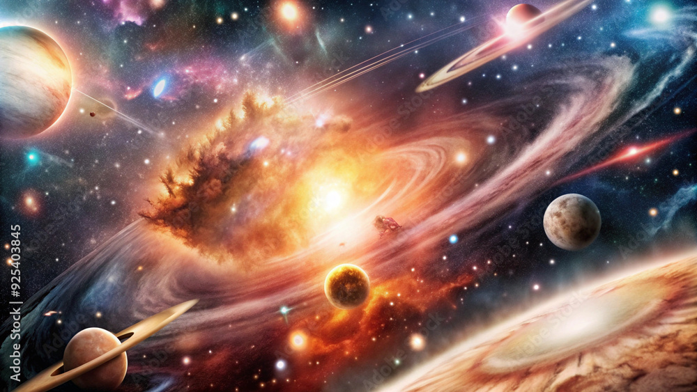 Obraz premium Space background, deep space with stars and galaxies, the Milky Way and tailed comets, dark and mysterious, AI Generation
