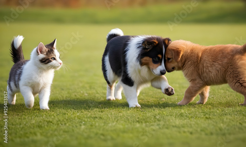 Two puppies and a kitten playing together in the grass