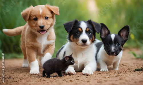 Three cute puppies and a kitten are posing on the ground