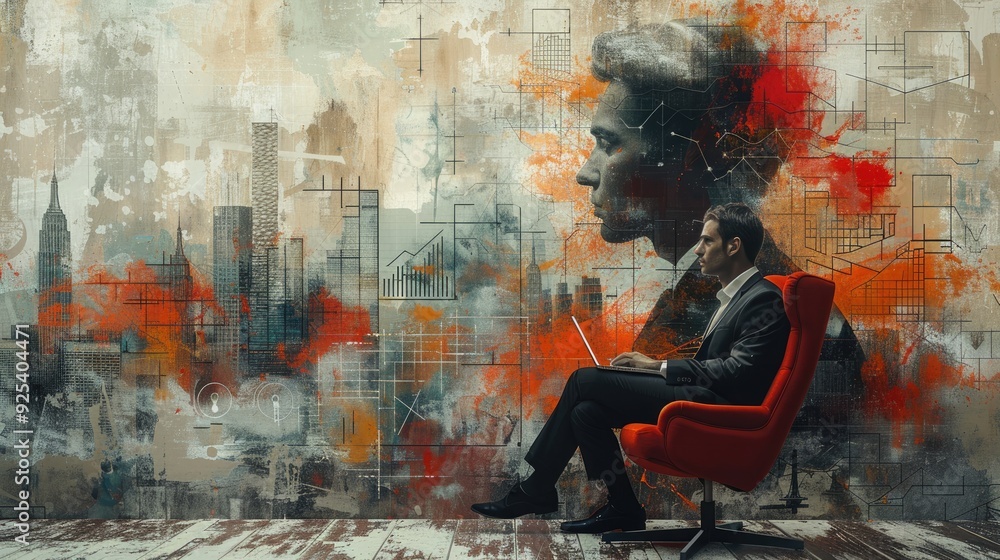Obraz premium A businessman in a suit sits in a red chair, deep in thought, surrounded by a dynamic mural of a cityscape and abstract human face, blending creativity with professionalism.