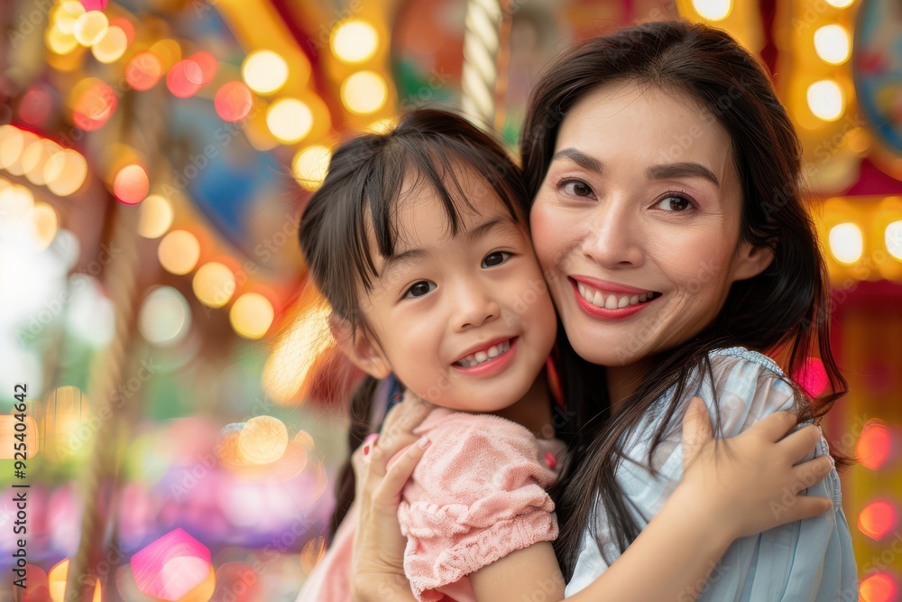 Mother and daughter enjoying time together at a brightly lit amusement park. Mother and daughter enjoying time together at a brightly lit amusement park.