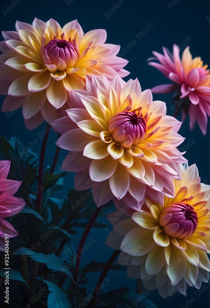 Colorful dahlia flowers blooming against a dark blue background Colorful dahlia flowers blooming against a dark blue background