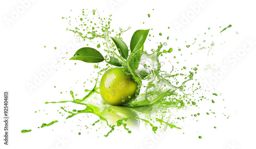 Explosão de sabor! Limão verde fresco em um splash de suco, rico em vitamina C e antioxidantes. Perfeito para projetos vibrantes e refrescantes. Imagem PNG photo