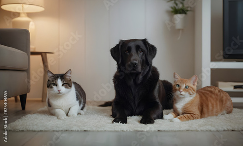 Black labrador retriever dog sitting with two cats on living room floor