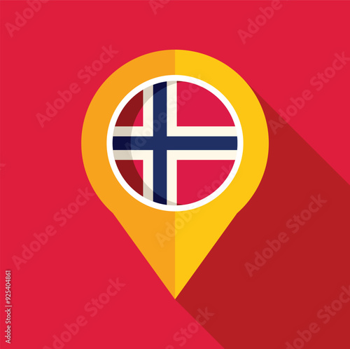 Free Download Yellow location pin icon showing the flag of norway, casting a long shadow on a red background - GFXLoad
