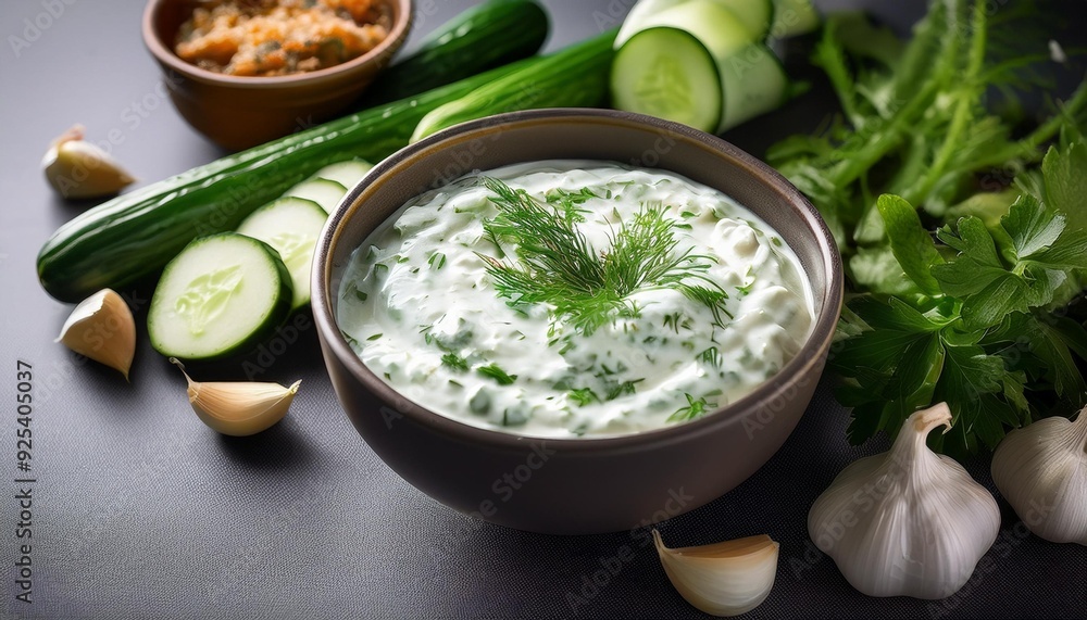 A refreshing dip made from cucumber, yoghurt, garlic and herbs