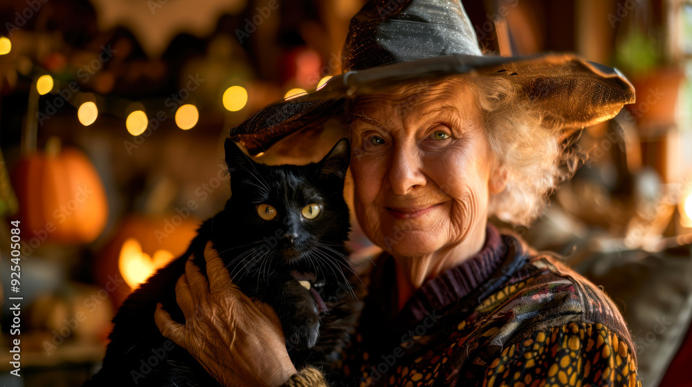 Friendly elderly woman in witch costume smiling and holding black cat Friendly elderly woman in witch costume smiling and holding black cat
