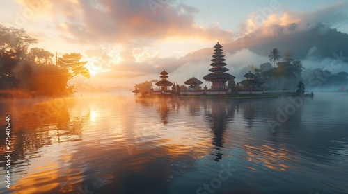 Landscape view of Pura Ulun Danu Beratan the Floating Temple in Bali , Indonesia in morning. photo