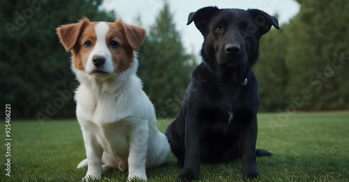 Two dogs sitting in grassy field