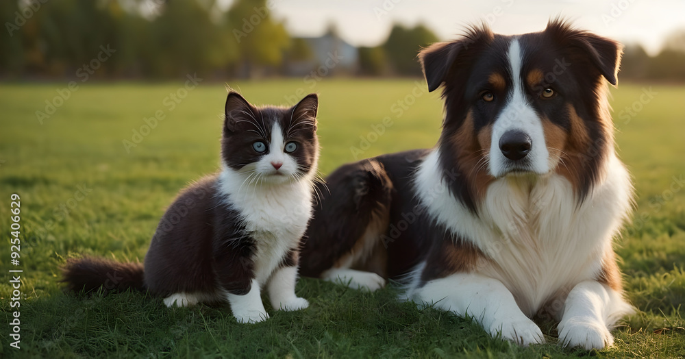 Australian shepherd dog lying in the grass with a kitten Australian shepherd dog lying in the grass with a kitten