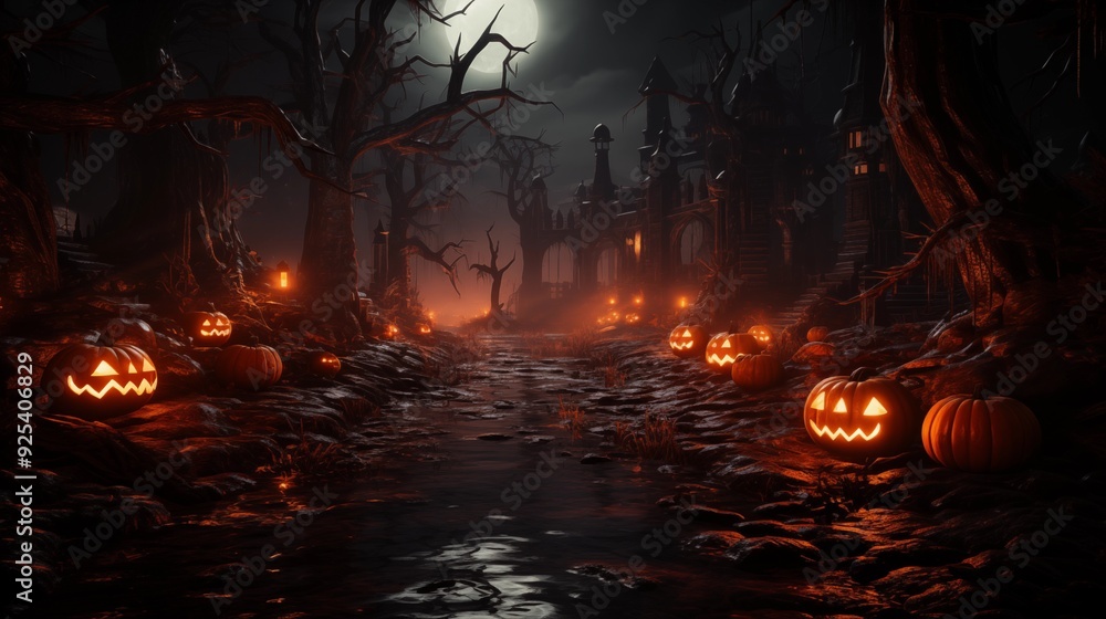 spooky halloween forest with scary black trees and pumpkins on the ground. spooky halloween forest with scary black trees and pumpkins on the ground.