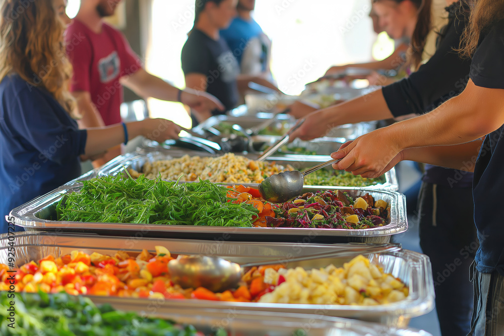 Diverse Community Comes Together to Share Delightful Array of Freshly Prepared Food. communal meal that showcases variety of fresh, dishes and brings together happy participants. World Vegetarian Day Diverse Community Comes Together to Share Delightful Array of Freshly Prepared Food. communal meal that showcases variety of fresh, dishes and brings together happy participants. World Vegetarian Day