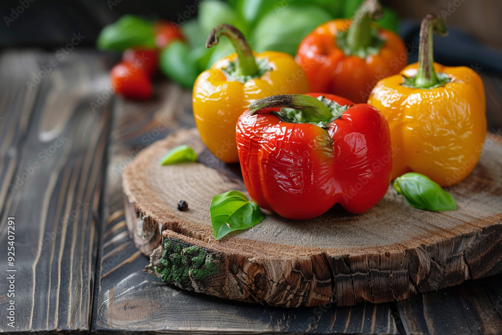 Roasted Red and Yellow Bell Peppers on Rustic Wooden Board Roasted Red and Yellow Bell Peppers on Rustic Wooden Board
