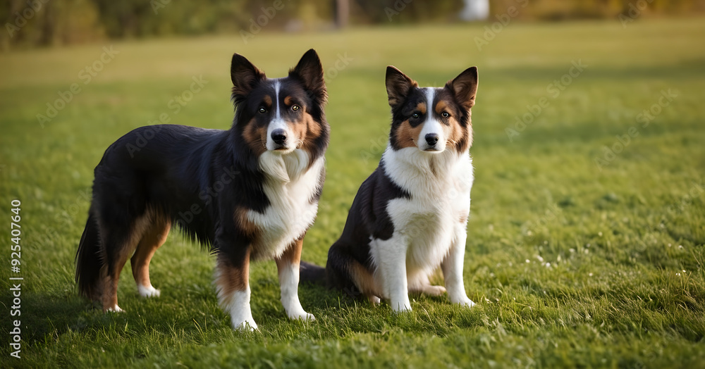 Two black and white dogs posing on green grass Two black and white dogs posing on green grass
