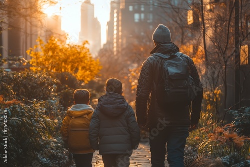 A parent and two children stroll through a golden autumn path in the city during sunset