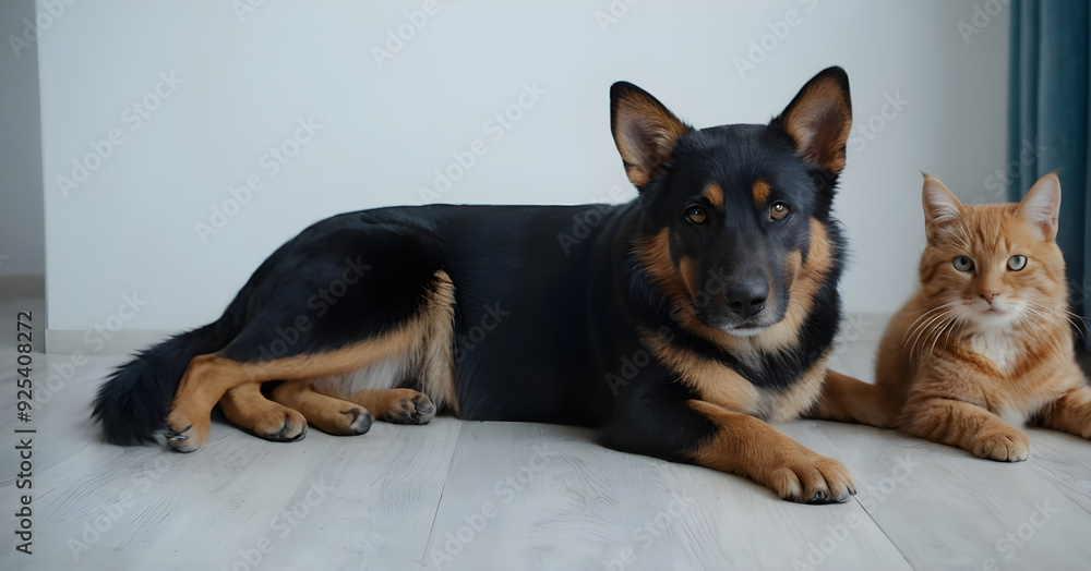 Black and tan german shepherd dog lying with ginger cat Black and tan german shepherd dog lying with ginger cat
