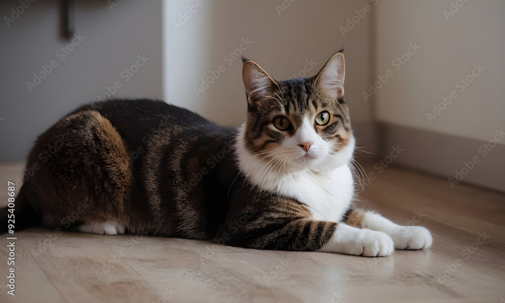 Tabby cat relaxing on hardwood floor in modern home Tabby cat relaxing on hardwood floor in modern home