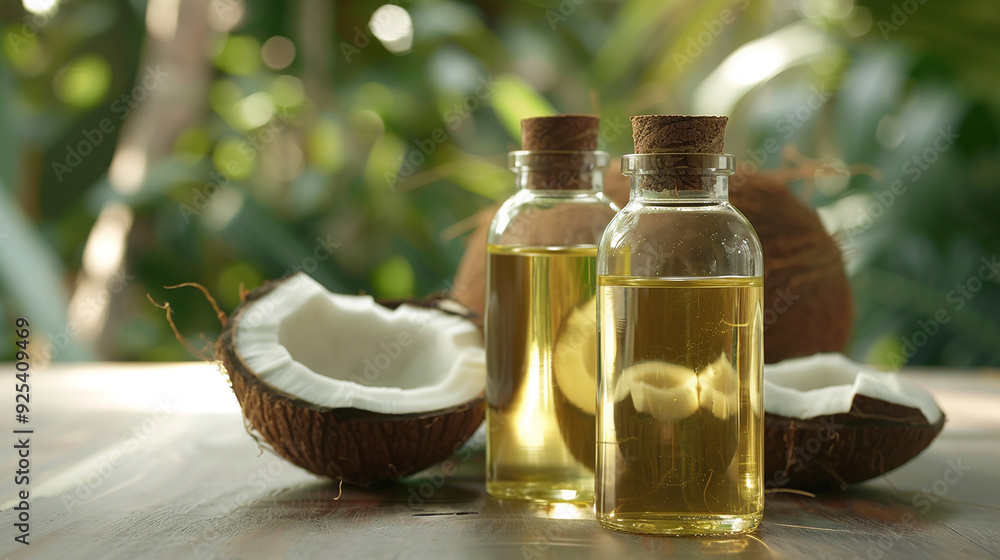 Bottles of coconut oil on a wooden table surrounded by fresh coconuts and a candle in a tropical setting during golden hour Bottles of coconut oil on a wooden table surrounded by fresh coconuts and a candle in a tropical setting during golden hour