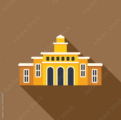 Government building with a clock tower casting a long shadow on the ground