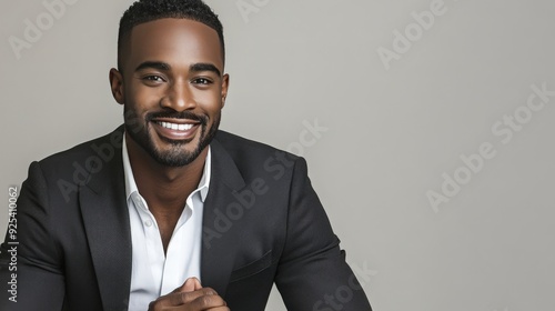 Black man in tailored lounge suit smiling photo