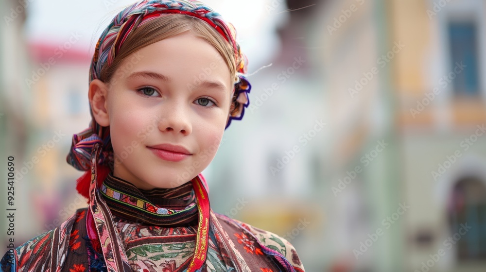 A young girl wearing colorful traditional clothing posing with a content smile in an outdoor setting, symbolizing cultural heritage. A young girl wearing colorful traditional clothing posing with a content smile in an outdoor setting, symbolizing cultural heritage.