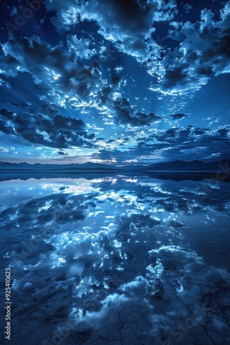 Night clouds reflecting in a tranquil lake under a starry sky